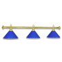 Billardlampe mit drei Schirmen Blau aus Blech. Gestänge mit polierter Messing Oberfläche.