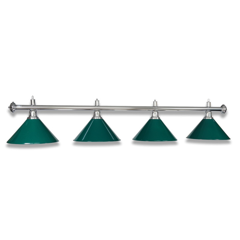 lampe billard chromée avec 4 abat-jour vert.