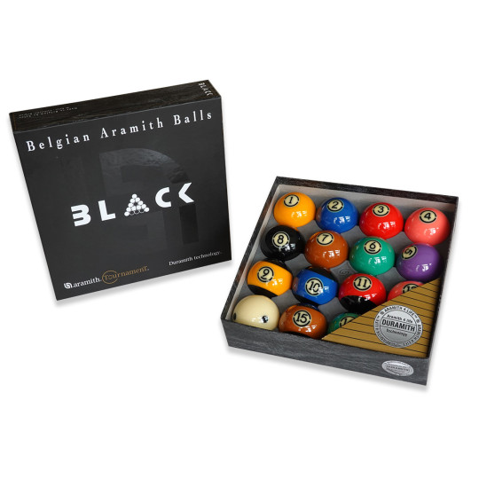 Billes ARAMITH BLACK TOURNAMENT. Pour pool, fabriquées en Belgique.